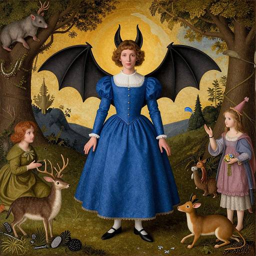 Medieval-style painting: Young woman with blue dress, bat wings, and horns stands center, flanked by children, deer, squirrel, and a