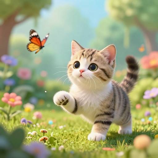 Playful Kitten Chasing Butterflies