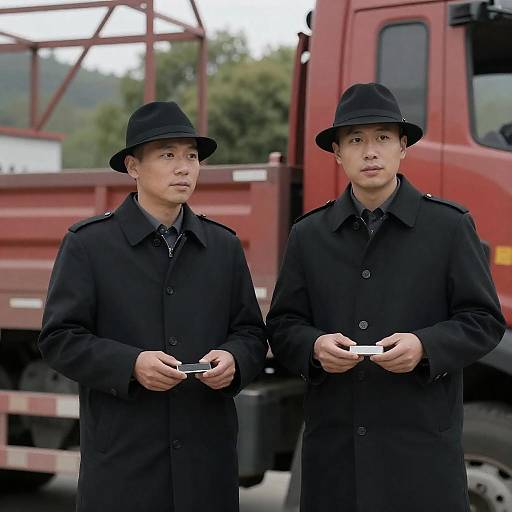 Two Mysterious Men by a Red Truck