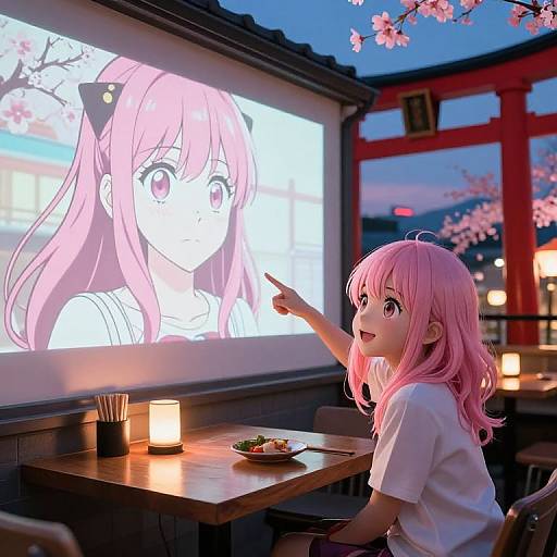Anime-style photograph of a pink-haired girl pointing at a large screen displaying a similar character, in a cozy, cherry blossom-decorated restaurant at dusk