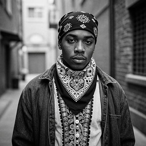 Black-and-white photograph of a serious young Black man with patterned headscarf, intricate necklaces, and denim jacket, standing in a narrow urban