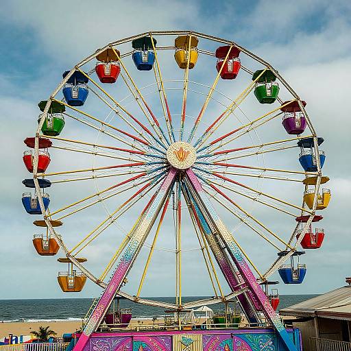 Colorful Ferris wheel with multicolored cabins against a cloudy sky, overlooking a beach in the background. Vibrant, lively fairground scene.