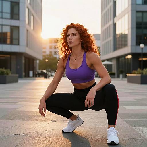 Photograph of a red-haired woman with curly hair, wearing a purple sports bra and black leggings, squatting outdoors at sunset in an urban setting,