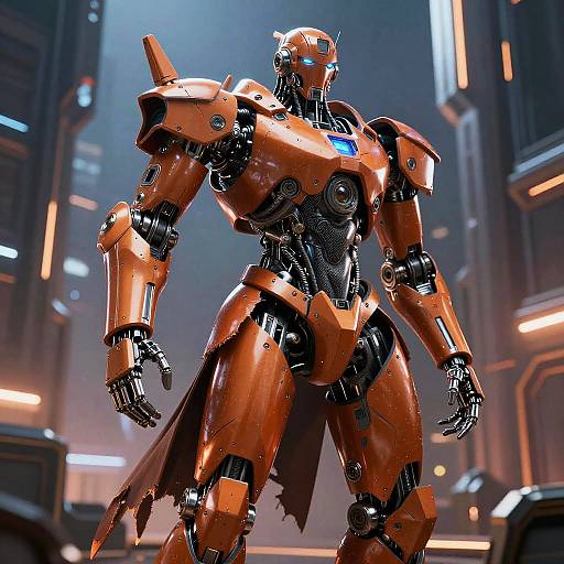 Futuristic Orange Male Android in Torn Cloak