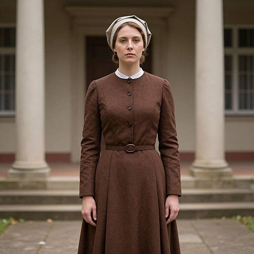 Photograph of a serious young woman in a brown Victorian-style dress with a white collar and headscarf, standing in front of a classical building with