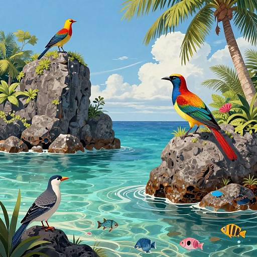 Vibrant tropical paradise illustration: colorful birds on rocks, clear turquoise water, palm trees, various fish, bright blue sky, and fluffy clouds.