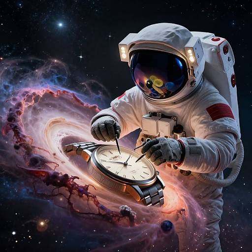 Digital artwork of an astronaut in a white spacesuit with a reflective helmet, floating in space and fixing a glowing clock amidst vibrant nebula clouds.