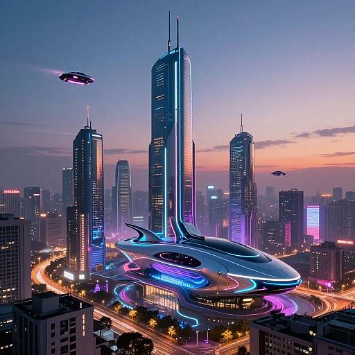 Digital artwork of a futuristic cityscape at sunset, featuring neon-lit skyscrapers, a spaceship-like building, flying drones, and glowing traffic lights
