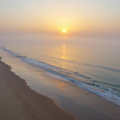 Photograph of a serene beach at sunset, featuring a golden sun reflecting on calm ocean waves, with a sandy shoreline on the left.