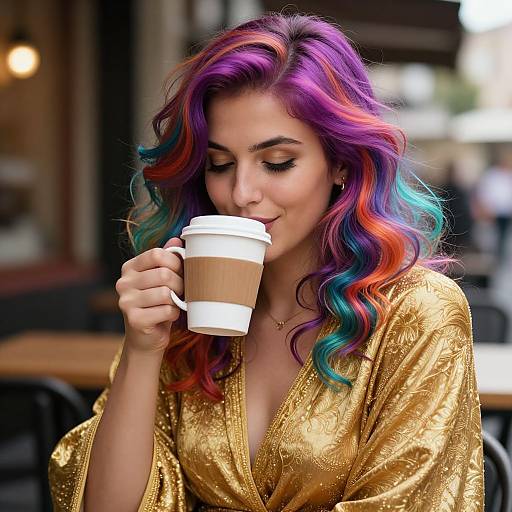 Woman with Kaleidoscopic Hair and Coffee