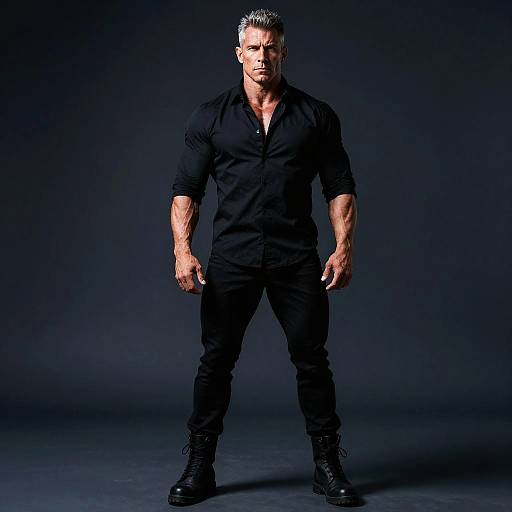 Photograph of a muscular, silver-haired man in a black button-up shirt, black pants, and boots, standing confidently against a dark blue background.