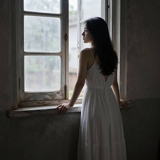 Silhouetted woman in a white, sleeveless dress stands by a sunlit, worn window, gazing outside in a dimly lit room