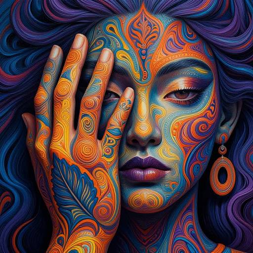 Vibrant, surreal digital artwork of a woman with neon orange, blue, and purple swirling patterns on her face and hand, covering her eyes.
