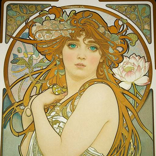 Art Nouveau-style digital painting of a fair-skinned woman with vibrant orange hair, blue eyes, wearing a floral headpiece, holding a golden bead