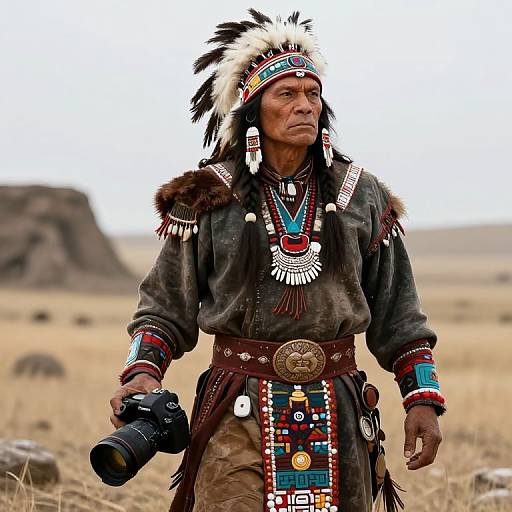 Photograph of an elderly Native American man in traditional regalia, holding a camera, standing in a grassy, rocky desert landscape.