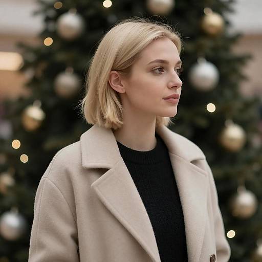 Blonde Woman in Beige Coat by Christmas Tree