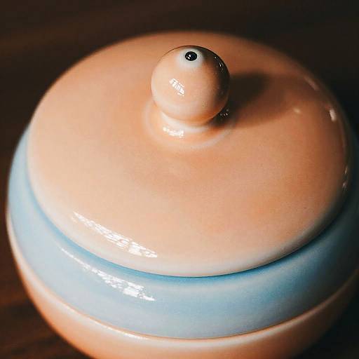 Close-up photograph of a glossy, ceramic lid with a small knob, transitioning from light blue to peach, against a dark background.