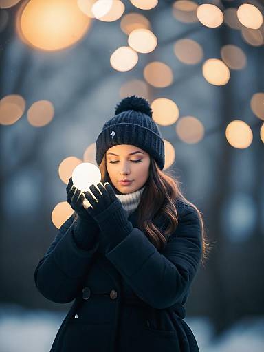 Woman in Winter Coat Holding Glowing Light