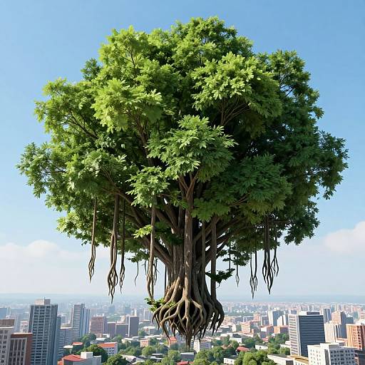 Giant, lush tree with hanging roots stands in the center of a cityscape, surrounded by skyscrapers and buildings under a clear blue sky.