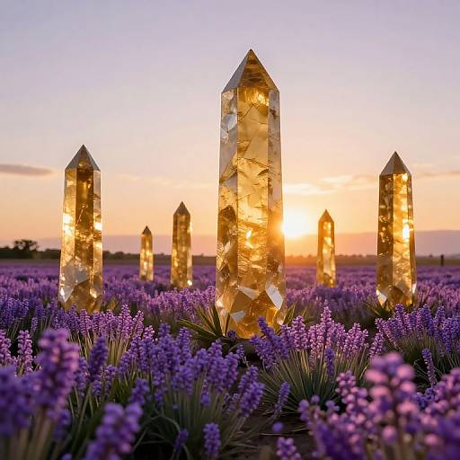 Golden Obelisks in Purple Fields