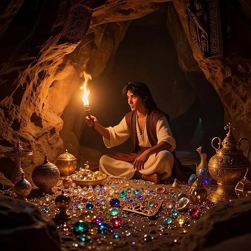 Photograph of a Middle Eastern man with long black hair, wearing a white robe and brown vest, holding a lit candle, surrounded by colorful gemstones
