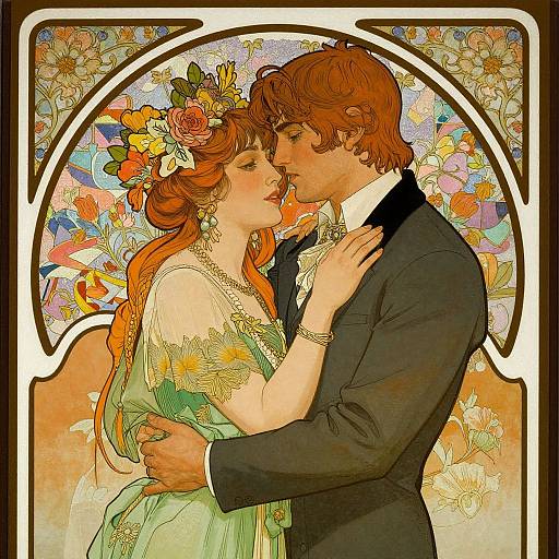 Digital art of a romantic couple kissing, Victorian-style. The woman in a green dress with floral crown, the man in a black suit, surrounded by