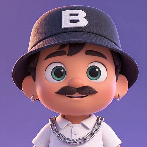 3D cartoon character with large green eyes, black 