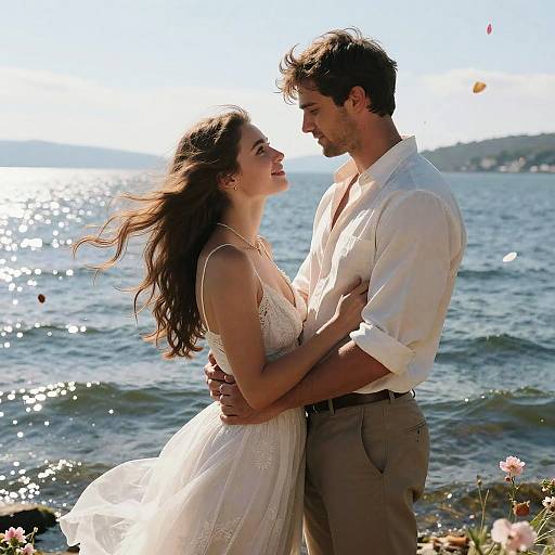 Photograph of a laughing couple in a romantic embrace by the sea, with the woman in a white lace dress and the man in a white shirt and