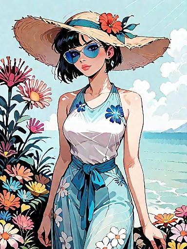 Woman in Floral Beachwear and Wide-Brimmed Straw Hat