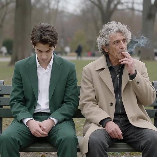 Photograph of a young man in a green suit and white shirt sitting beside an older man with curly gray hair, smoking, wearing a beige coat and