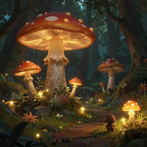Fantasy forest scene with glowing, red-spotted mushrooms, tiny glowing fireflies, and a small, brown, bear-like creature at dusk. Digital