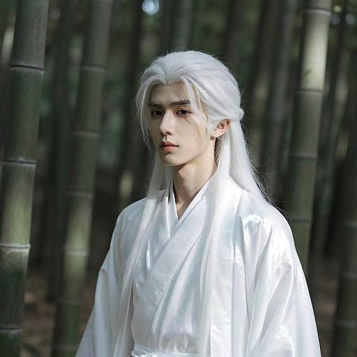 Photograph of an androgynous person with long, white hair, wearing a white kimono, standing in a bamboo forest. Ethereal,
