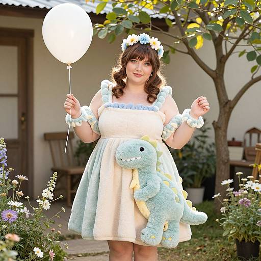 Photograph of a cute, fair-skinned, brunette girl in a white flower crown and light blue dress, holding a balloon and stuffed dinosaur, standing