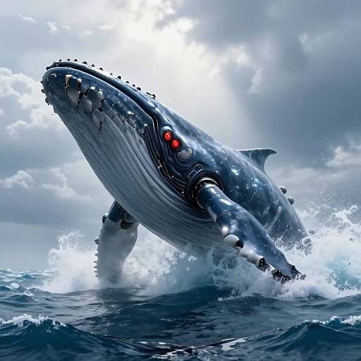 Digital artwork of a cybernetic blue whale with glowing red eyes, emerging from turbulent ocean waves under a cloudy sky.