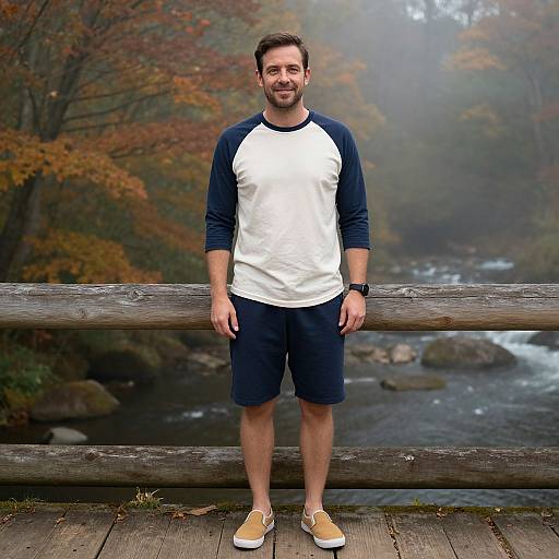 Photograph of a smiling man with short brown hair, wearing a white and navy raglan shirt, navy shorts, and tan sneakers, standing on a