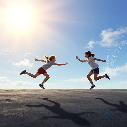 Photograph of two girls jumping on a sunlit rooftop, one in red shorts, one in blue, against a bright blue sky.