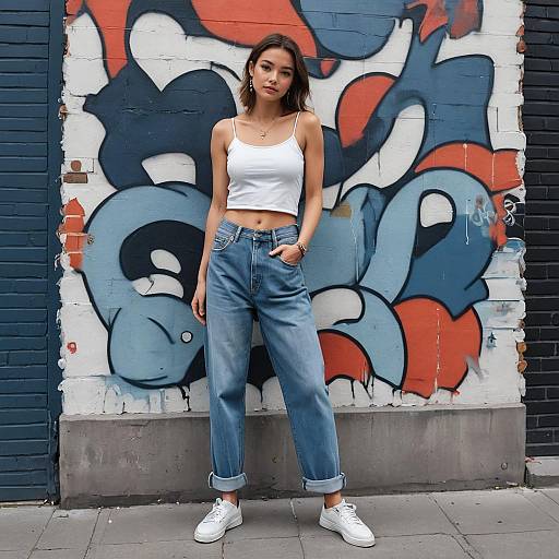 Woman in Low-Rise Baggy Jeans by Mural Wall