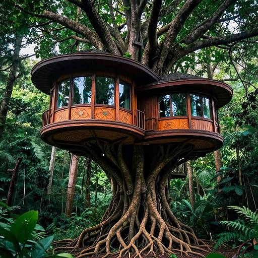 Photograph of a whimsical, wooden treehouse with rounded balconies, nestled high in a dense, lush forest, supported by the large, sprawling