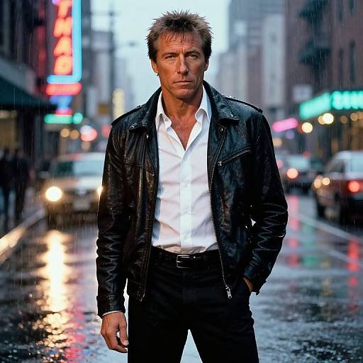 Photograph of a rugged, middle-aged man with spiky hair, wearing a black leather jacket and white shirt, standing in a rainy urban street at