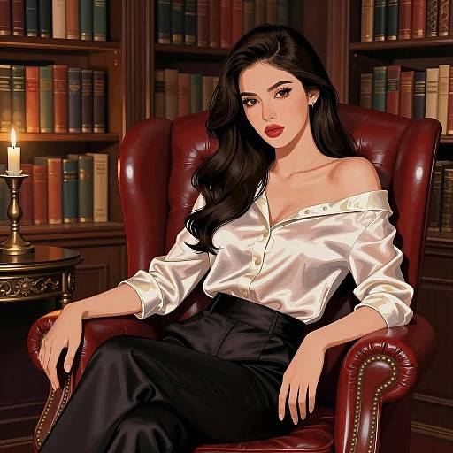 Elegant Anime Woman in Satin Outfit in Antique Library