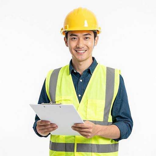 Photograph of smiling Asian man in yellow hard hat and neon yellow safety vest, holding clipboard, wearing dark blue shirt, against white background.