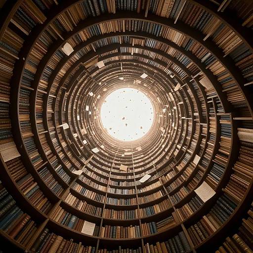 Photograph of a circular library ceiling, viewed from below, showing multiple concentric shelves filled with books, centered around a bright, white skylight