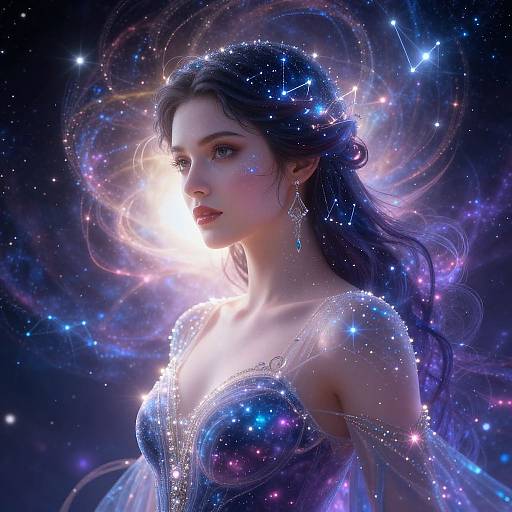 Digital artwork of a beautiful, ethereal woman with long, dark hair, wearing a sparkly, galaxy-themed dress, surrounded by glowing stars and cosmic