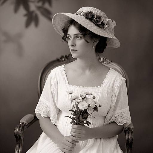 Black-and-white photograph of a woman in a vintage lace dress and wide-brimmed hat, holding a bouquet of flowers, seated on an ornate