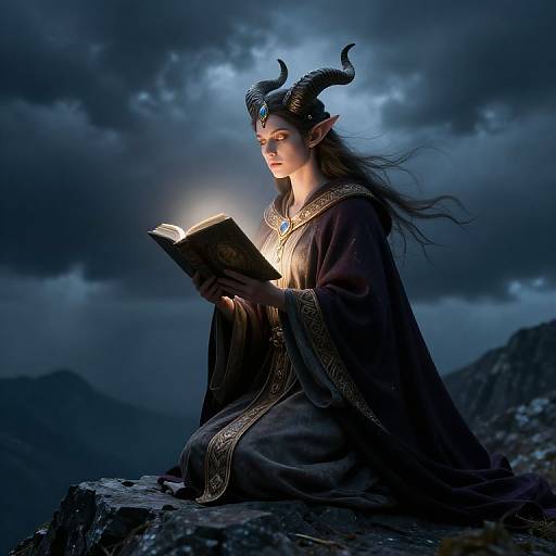 Photorealistic digital artwork of a dark-haired, horned female elf with pointed ears, reading an illuminated book under a stormy blue night sky.