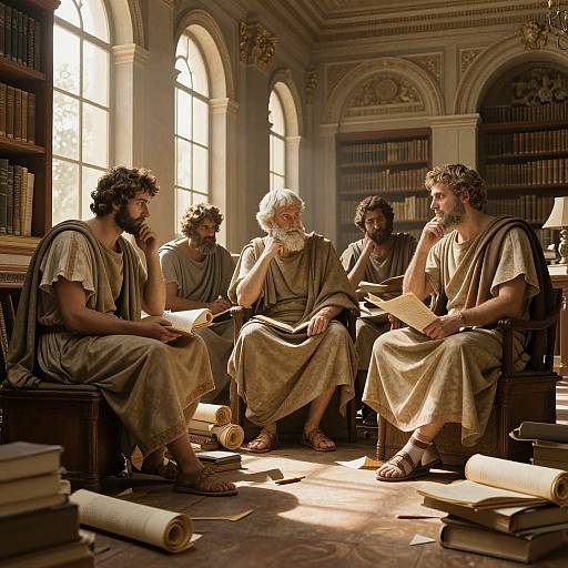 Photograph of five bearded men in ancient Greek-style togas, seated in a sunlit, ornate library, discussing scrolls and books.