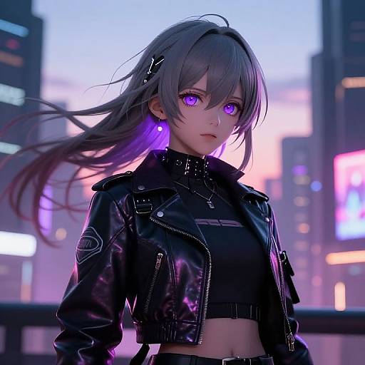 Digital anime-style artwork of a pale-skinned, purple-eyed girl with long gray hair, wearing a black leather jacket, standing in a neon-lit