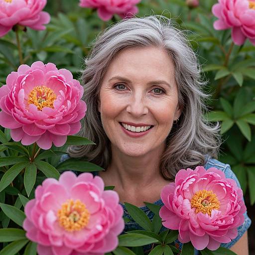 Photograph of a smiling middle-aged woman with gray hair, surrounded by vibrant pink peonies in a lush garden.