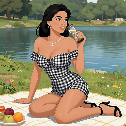 Digital illustration of a curvy woman with tan skin, black hair, wearing a black-and-white checkered off-shoulder dress, sipping lemon