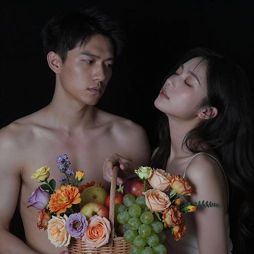 Intimate Portrait of Young Couple with Flower and Fruit Basket